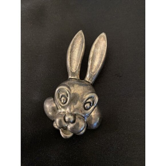 MJ Bunny Pendant Brooch Silver Tone Aged Patina 2.25" - Picture 1 of 5